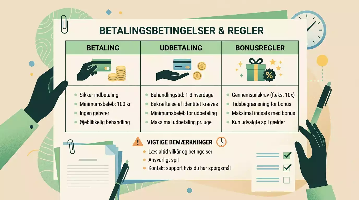 Overskuelig tavle med betalingsvilkår, udbetaling og bonuspunkter