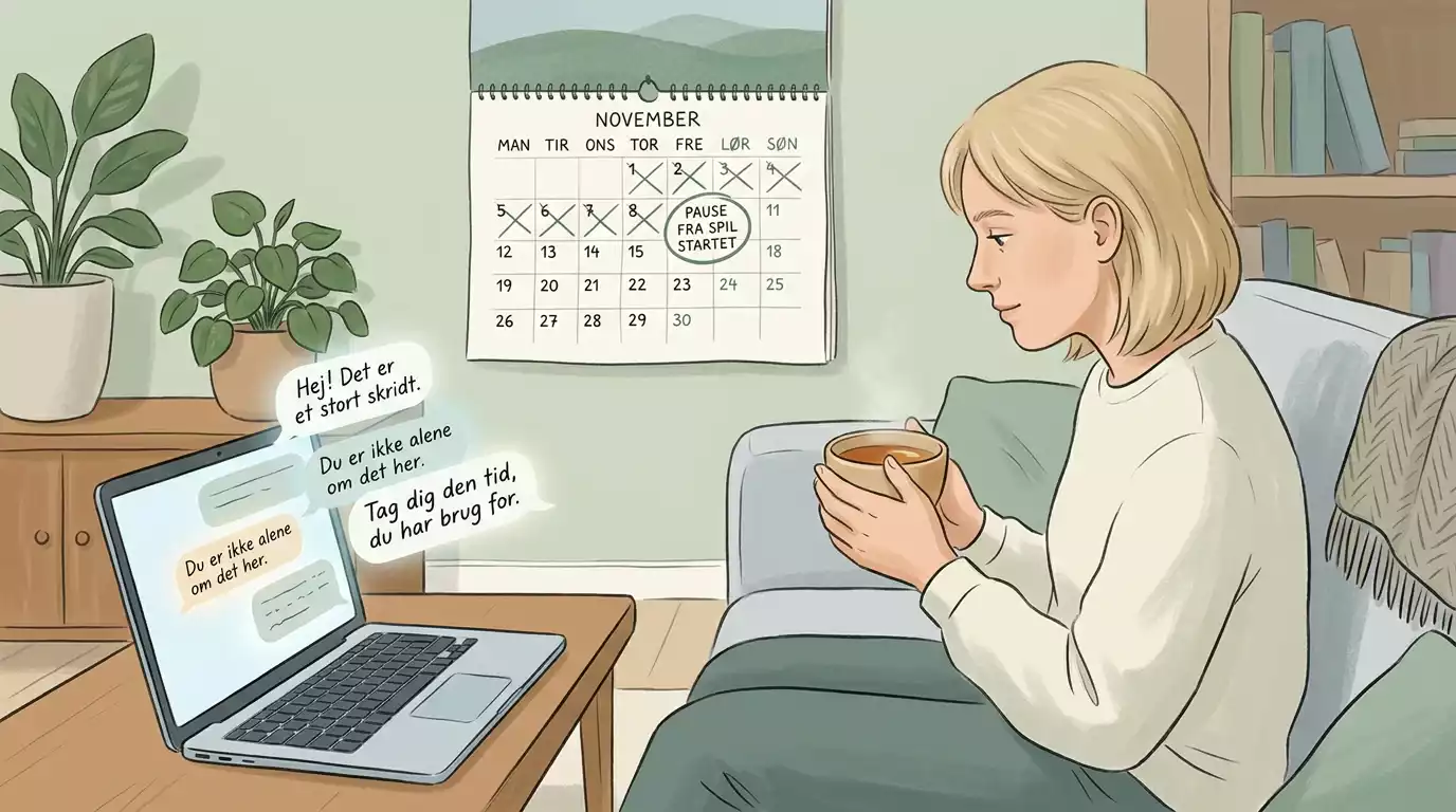 Rolig illustration af pause, støtte og ansvarligt valg omkring spil